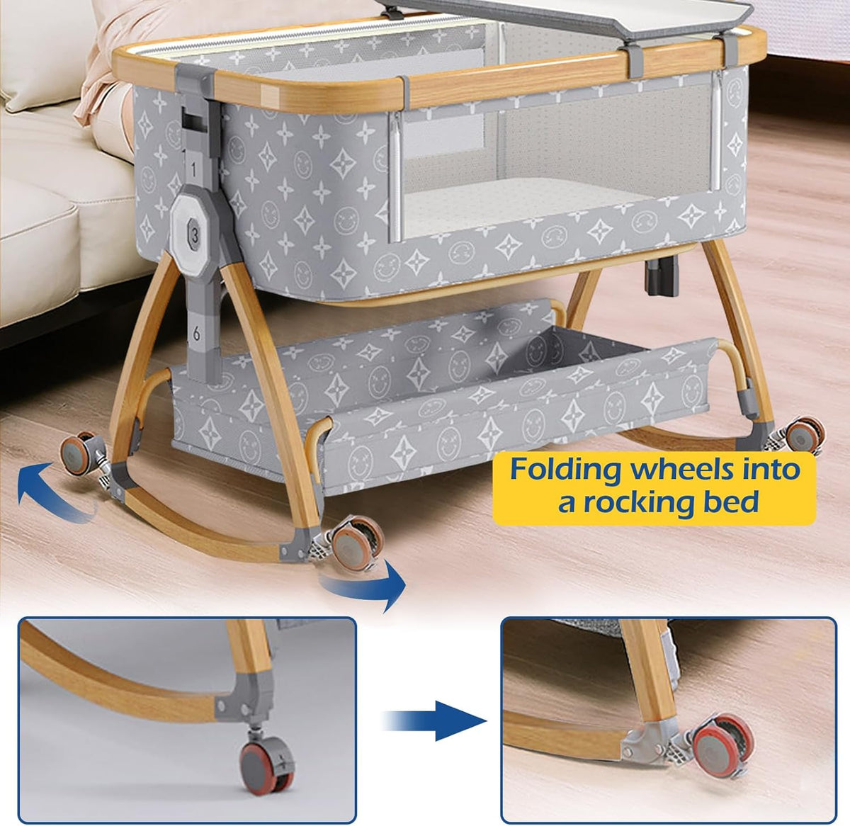 Baby Cradle Bed, Baby Bassinet with Mattress and Mosquito net, Portable 3 in 1 Baby Bed (Doodle)