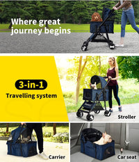 PaWz Large Pet Stroller Dog Cat Carrier Travel Pushchair Foldable Pram 4 Wheels Blue, Travel Pram, Dog Cat Trolley, Detachable Design Baby Pet Travel Stroller, Removable and Washable Padded
