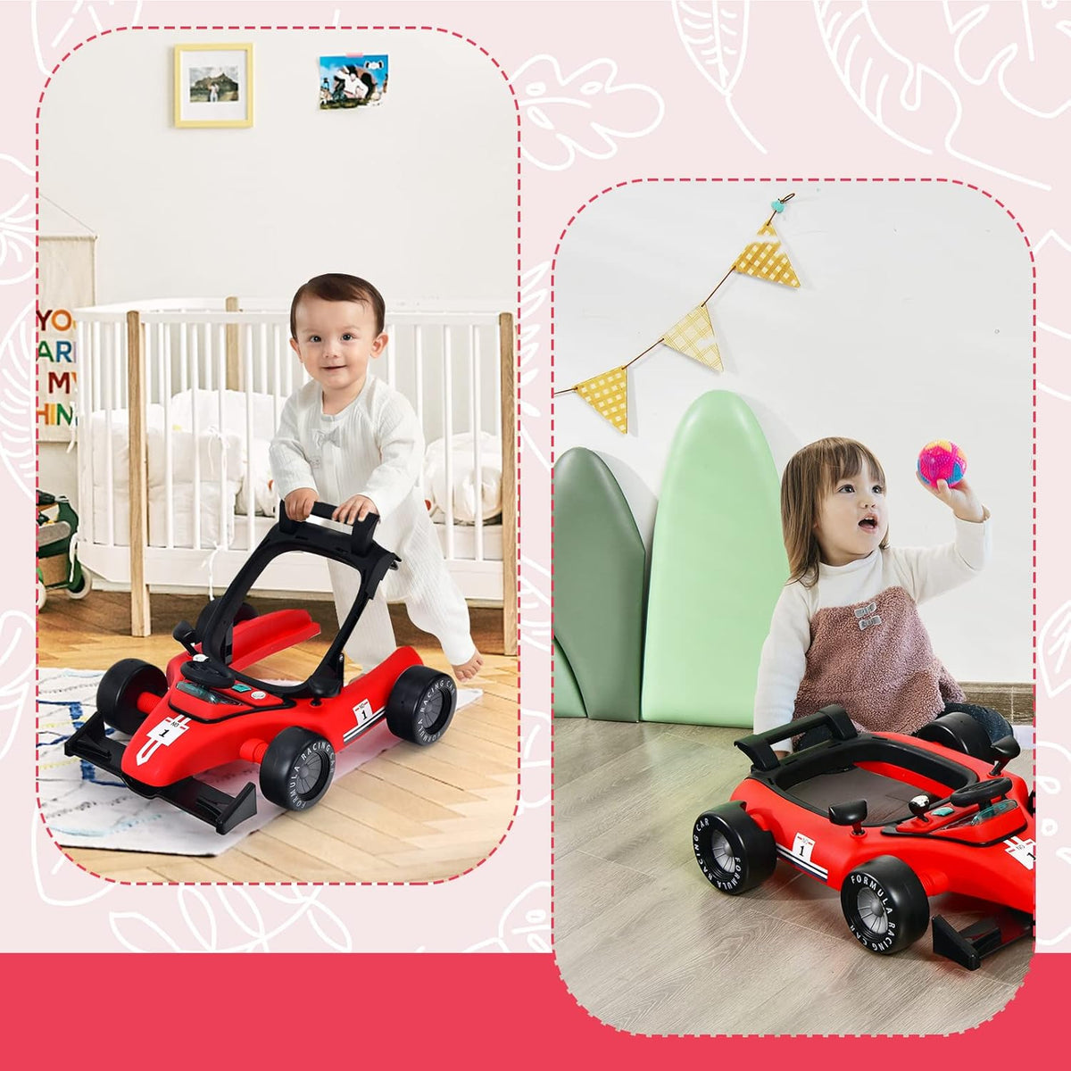 BABY JOY 4-in-1 Baby Walker, Foldable Activity Car Baby Walker w/3 Adjustable Height (Red)