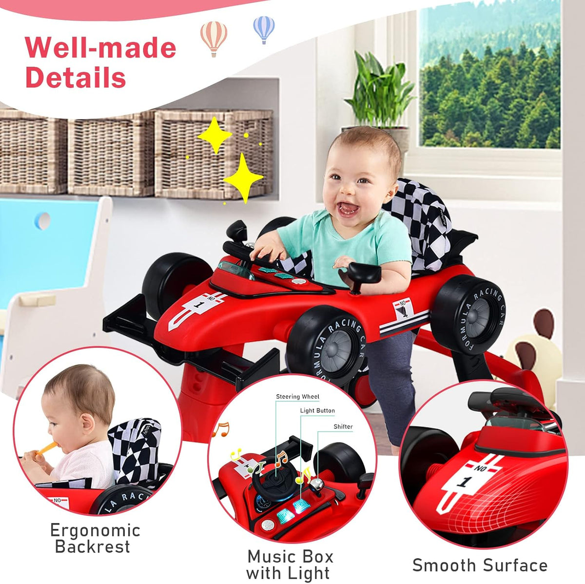 BABY JOY 4-in-1 Baby Walker, Foldable Activity Car Baby Walker w/3 Adjustable Height (Red)