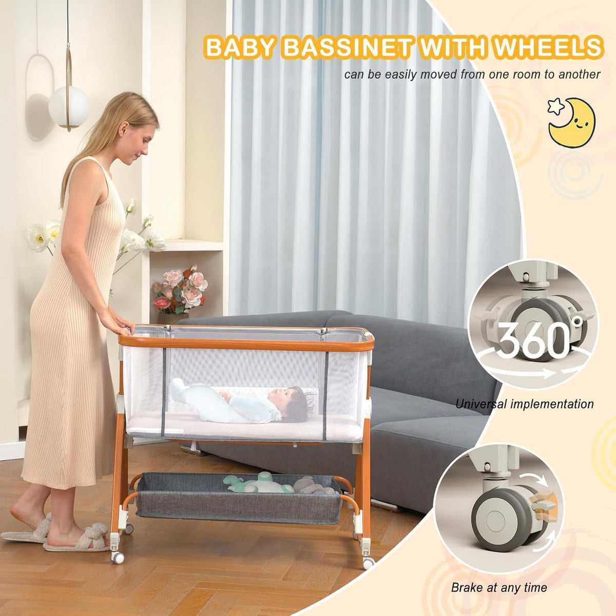 Baby Bassinet, Bassinet Bedside Sleeper Co-Sleeper with Adjustable Height, 4-Sided Mesh Baby Crib with Wheels and Storage Basket for Newborn 0-6 Months (Grey)