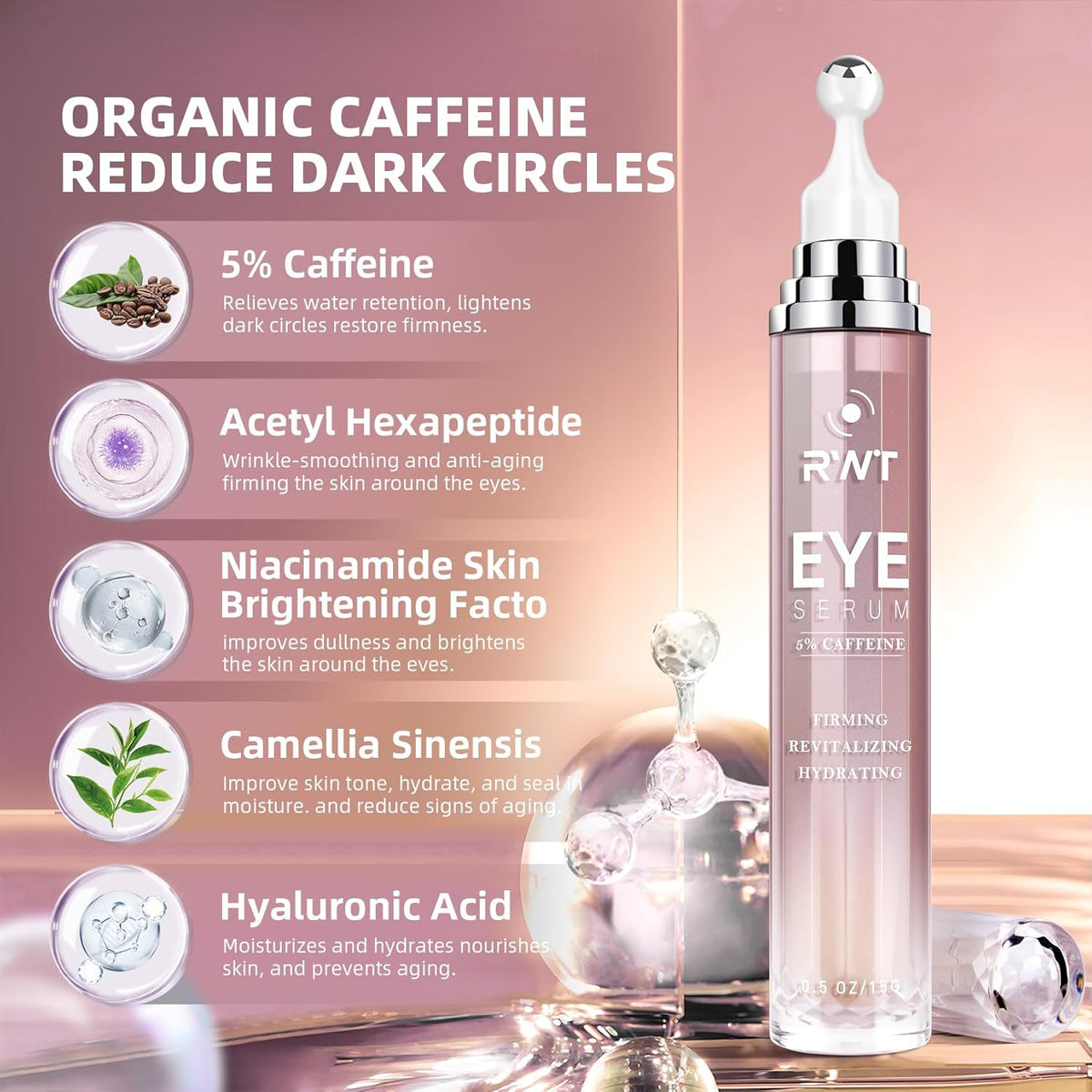 5% Caffeine Eye Cream & Under Eye Serum for Dark Circles and Puffiness, 360° Massage Roller Ball Eyes Treatment Serum, Reduces Wrinkles Fine Lines for Women