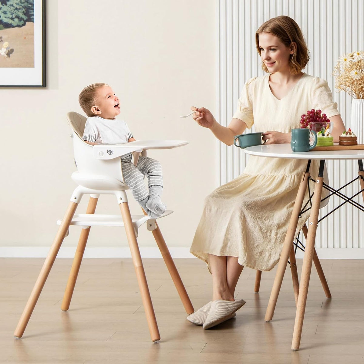 BABY JOY 6-in-1 Convertible Wooden High Chair, Baby High Chair with Double Dishwasher, Beige