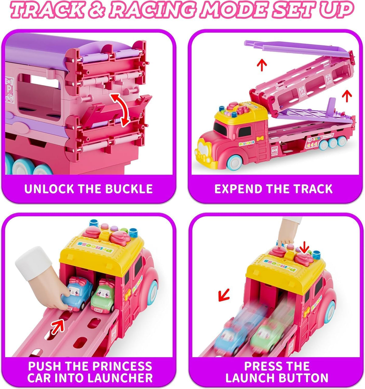 Car Toys for Age 2 3 4 5 6 7 Year Girl Toddler, Foldable Track & 2 Player Race Mode Game, Light & Sound Push Transport Carrier Truck W/ 6 Princess Car, Birthday Gift Idea for Kid