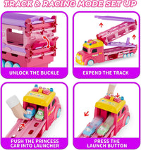 Car Toys for Age 2 3 4 5 6 7 Year Girl Toddler, Foldable Track & 2 Player Race Mode Game, Light & Sound Push Transport Carrier Truck W/ 6 Princess Car, Birthday Gift Idea for Kid