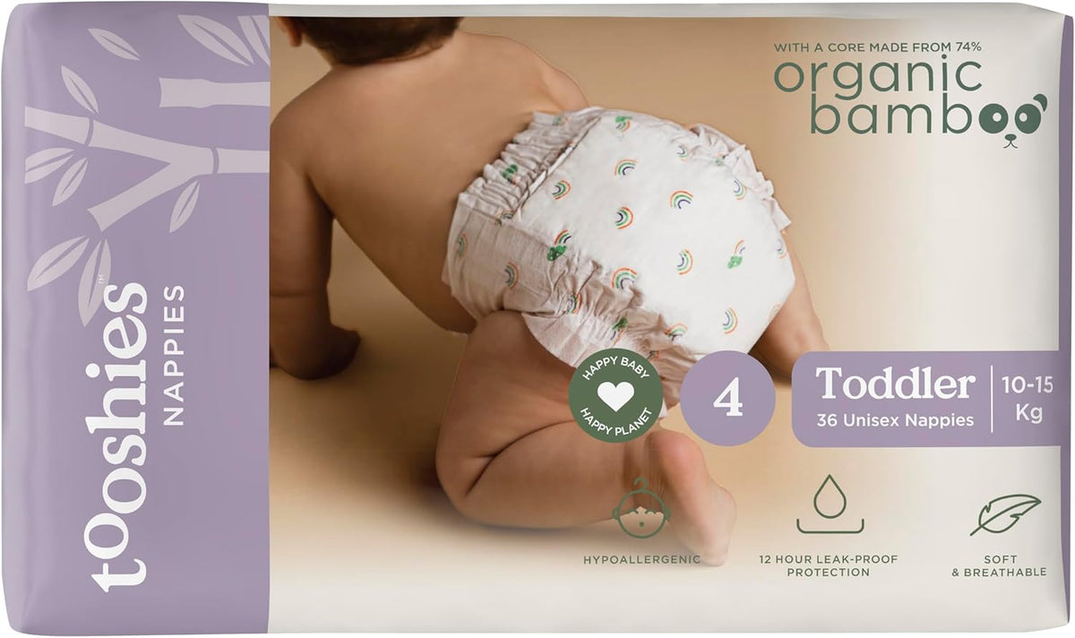 Tooshies Nappies | Size 4 Toddler 10-15kg | Made with Organic Bamboo | 12 hrs leak free | Unisex | Rainbow Print | 2x36pk
