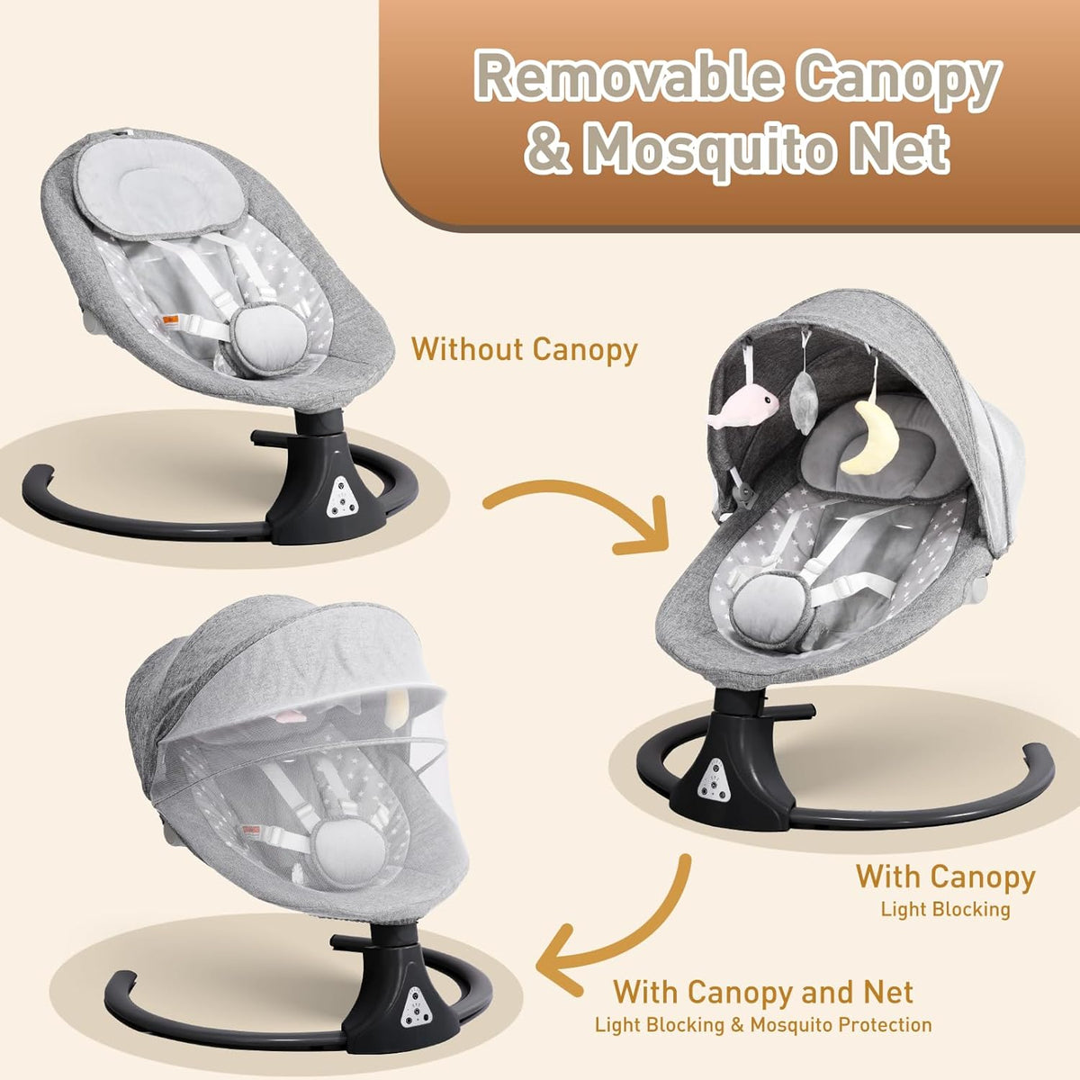 Electric Baby Swing Chair with Bluetooth Remote Control | Cordless 5-Speed Levels 12 Lullabies & 3 Timers | 3 Adjustable Angles - Rocking Chair for Newborn | Gray