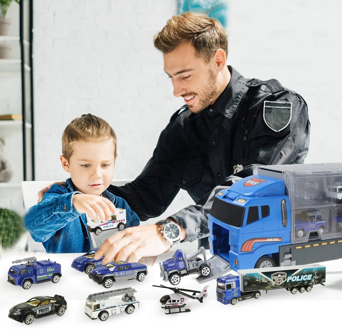 Joyfia 10 in 1 Mini Die-cast Police Truck Toy Set, Mini Patrol Rescue Vehicles in Carrier Truck Playset, Police Car Toys for 3+ Years Old Boys Girls Kids