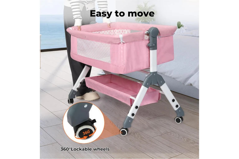 Baby Cot Bed Crib Portable Bassinet Safety Fence Adjustable Bedside Pink