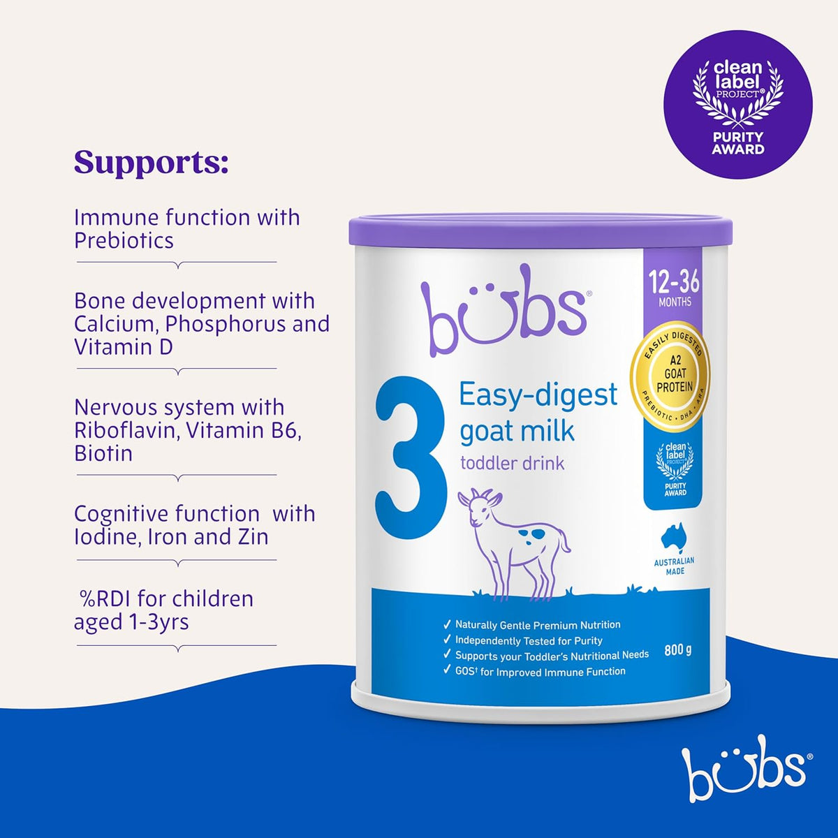 Bubs Goat Milk Toddler Drink Stage 3, Toddlers 12-36 Months,800g