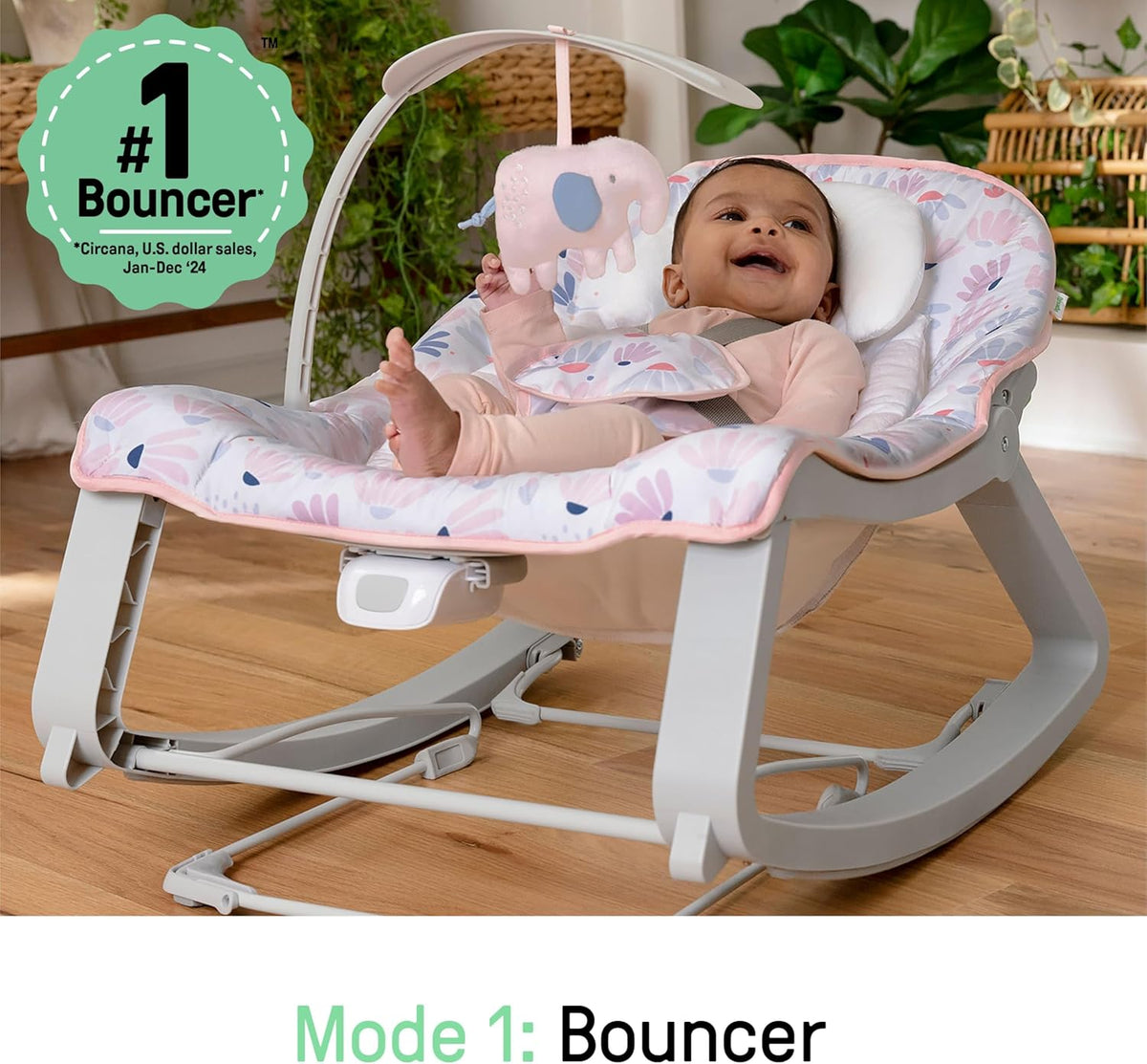 Ingenuity Keep Cozy 3-in-1 Grow with Me Vibrating Baby Bouncer Seat & Infant to Toddler Rocker, Vibrations & Toy Bar, 0-30 Months Up to 40 lbs (Pink Burst)