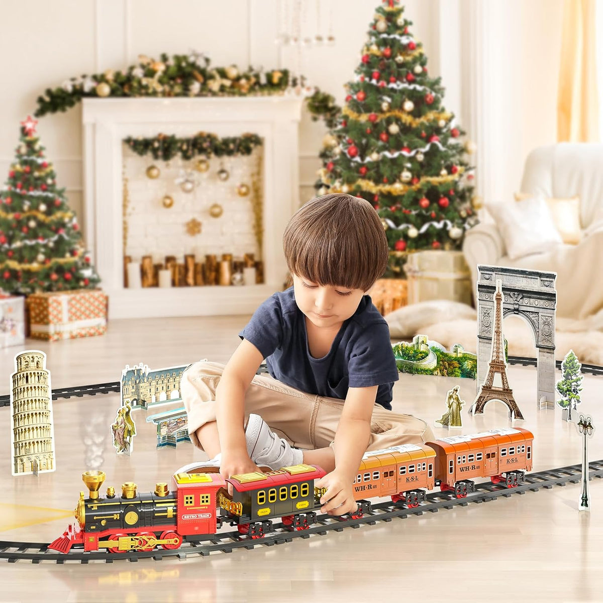 MSKOLER Train Sets with Steam Locomotive Engine, Cargo Car and Tracks, Boys & Girls 3 4 5 6 7 Years Old