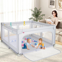 BABY JOY Baby Playpen 150 x 150 cm, BPA-Free Foldable Toddlers Safety Fence Play Yard with Zipper Gate, 50 Ocean Balls and 4 Pull-up Ring