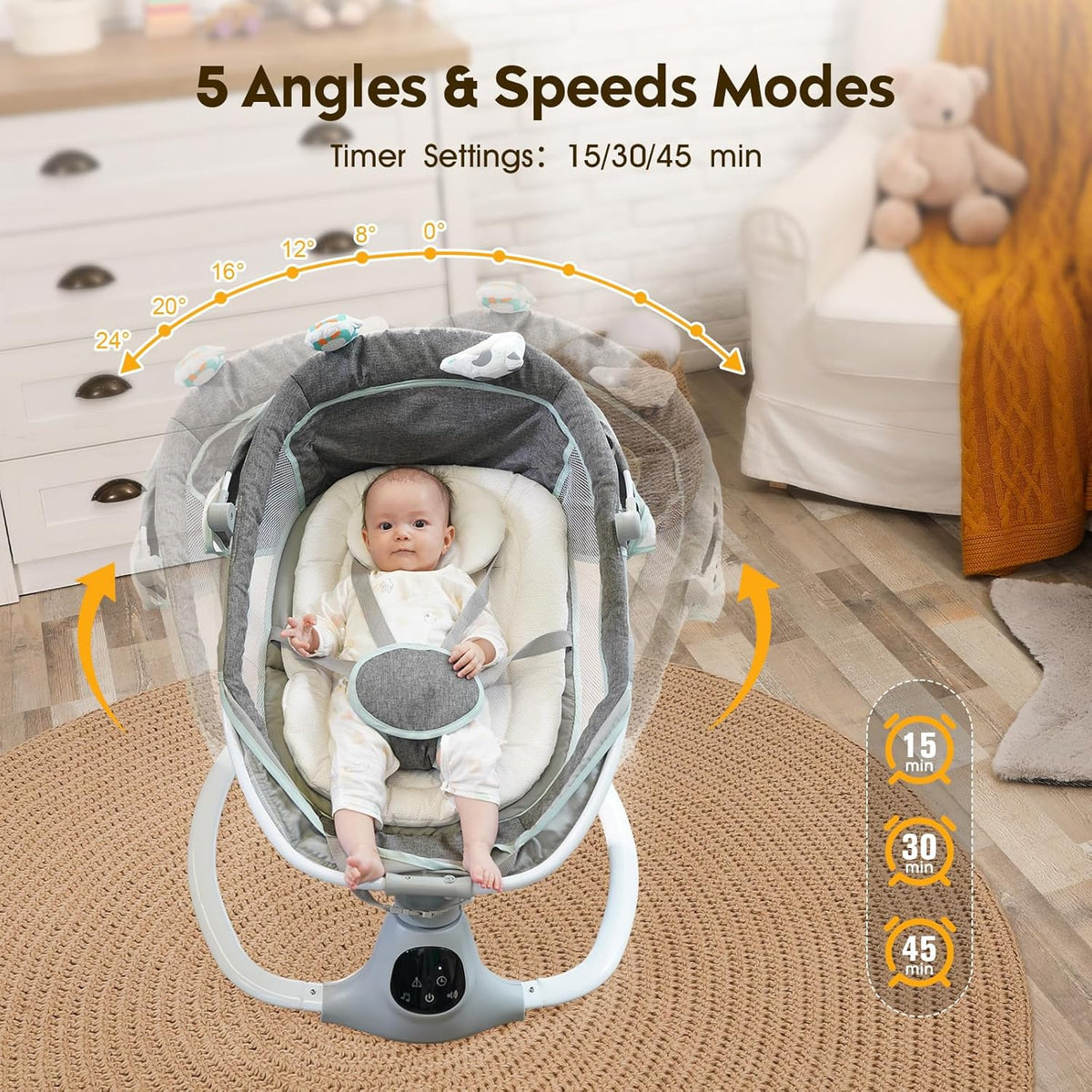 Electric Baby Swing for Infants to Toddler, Portable Swing Baby Rocker with 5 Point Harness, Grey