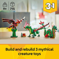 LEGO Creator 3in1 Medieval Dragon Toy for 9+ Year Old Boys & Girls, Construction Kit Rebuilds into a Sea Serpent or a Phoenix Animal Figure, Creative Kids Toy Building Set 31161