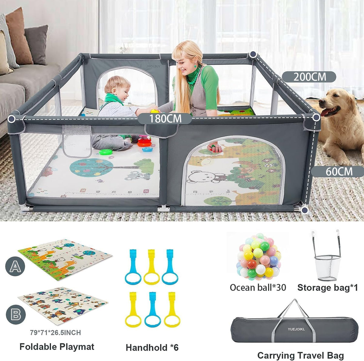 Large Baby Playpen with Mat - 200 x 180 cm Baby Play Yard for Toddler