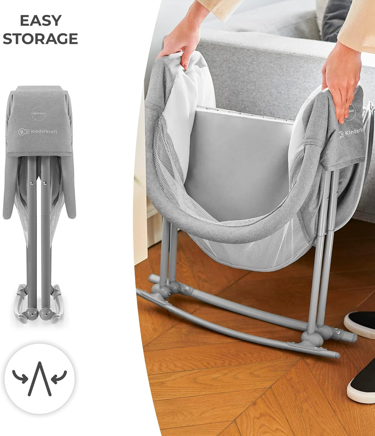 Kinderkraft Baby Crib 3 in 1 LOVI, Cradle, Travel Cot, Rocker, Easy Folding and Unfolding, Adjustable Canopy, with Accessories, Mattress Cover, Included Toys, Transport Bag, for Newborn, 0-9 kg, Gray