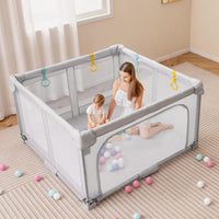 BABY JOY Baby Playpen 150 x 150 cm, BPA-Free Foldable Toddlers Safety Fence Play Yard with Zipper Gate, 50 Ocean Balls and 4 Pull-up Ring