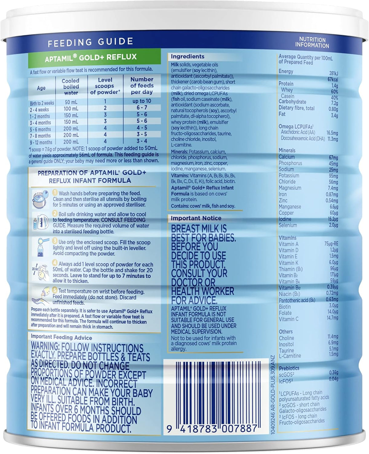 Aptamil Gold+ Reflux Premium Infant Formula, From Birth to 12 Months, 900g