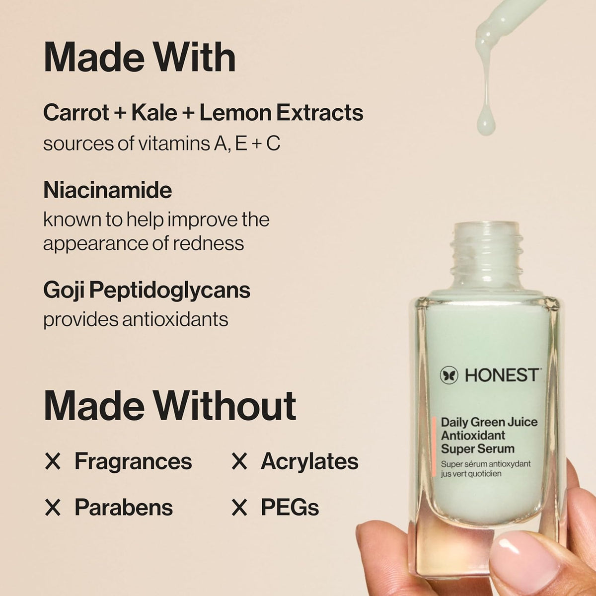 Honest Beauty Daily Green Juice Antioxidant Super Serum | Improves Skin Tone + Texture | Niacinamide + Hyaluronic Acid | Vegan + Cruelty Free | 1 fl oz