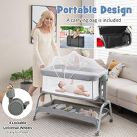 BABY JOY 4 in 1 Baby Bassinet with Mattress, Baby Bedside Sleeper w/Rocking Mode, 6 Adjustable Height, Mosquito Net & Lockable Wheels, Portable Baby Cradle Travel Crib w/Carry Bag (Light Grey)