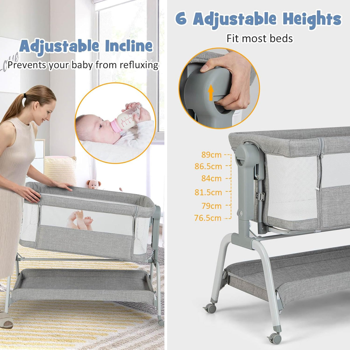 BABY JOY 4 in 1 Baby Bassinet with Mattress, Baby Bedside Sleeper w/Rocking Mode, 6 Adjustable Height, Mosquito Net & Lockable Wheels, Portable Baby Cradle Travel Crib w/Carry Bag (Light Grey)