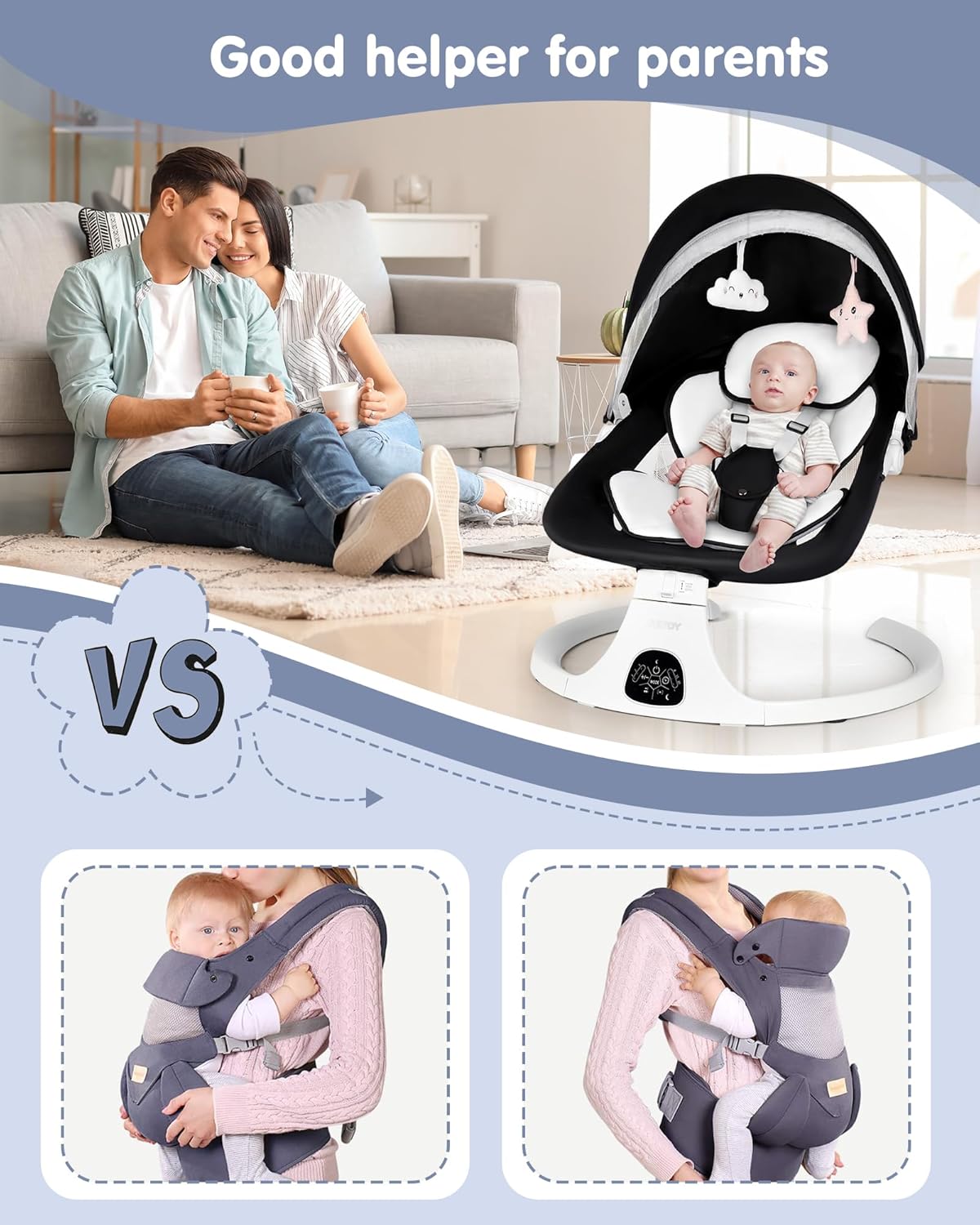 Electric Baby Swings for Infants to Toddler Baby Swing with 5-Speed 3-Seat Positions 5-Point Carabiner,with Bluetooth Music 10-Preset Melodies Removable Cushion