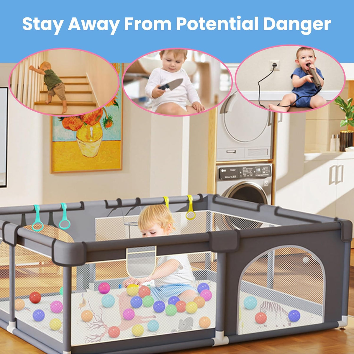 Large Baby Playpen with Foam Playpen Mat 127×127×68 CM-  4 Hand Grips, 40 Balls, Storage Bag and Basket - Grey