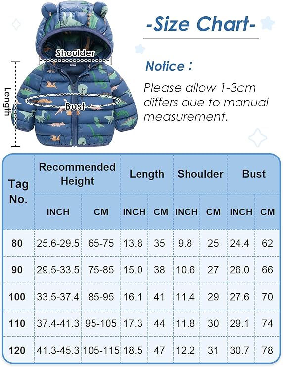 KEOYA Unisex Babies Puffer Jacket Kids Winter Thicken Warm Hooded Coat Lightweight Cartoon Windproof Waterproof Jacket 0-4 Years