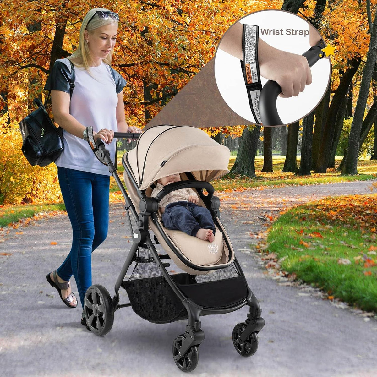 High Landscape Baby Stroller, 2 in 1 Convertible Baby Pram Jogger with Adjustable Canopy & Backrest