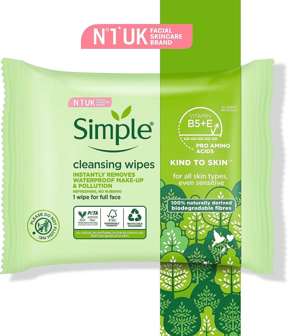 Simple, Kind to Skin, Biodegradable Cleansing Wipes with Vitamin B5, Vitamin E and Pro Amino Acids, 25 Pack