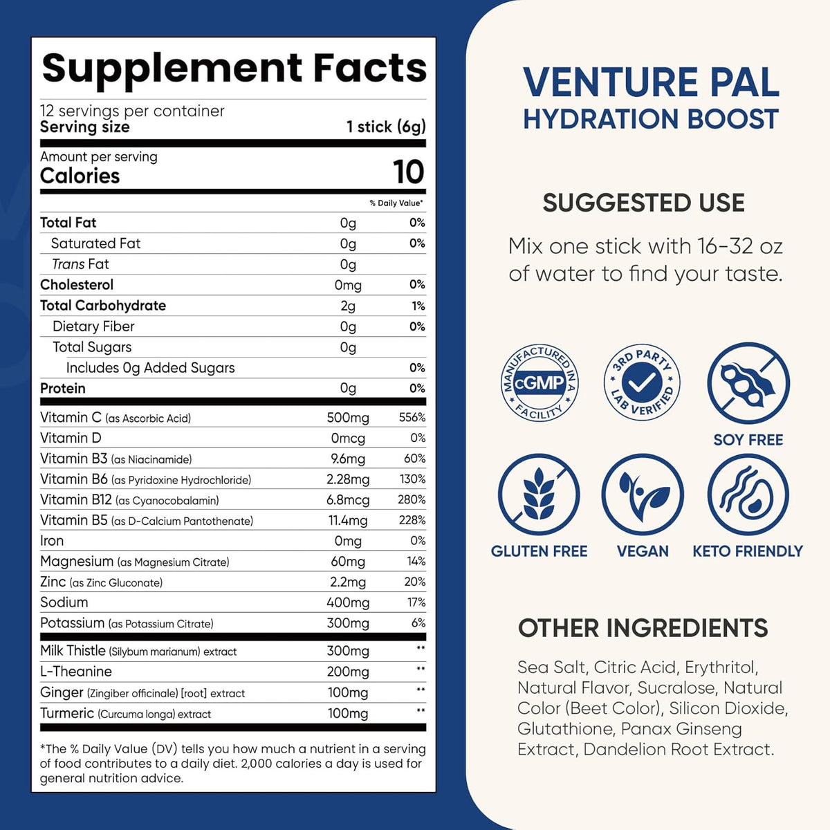 Venture Pal Hydration Packets + Liver Support- Liquid Daily IV Electrolyte Powder Packets with 7 Electrolytes & 5 Vitamins, Milk Thistle + L-Theanine | Sugar-Free | Keto Friendly | Vegan, 16 Sticks