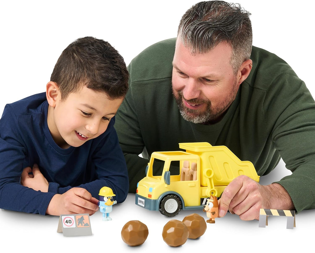 Bluey's Dump Truck, with Load and Unload Feature, Get Some Work Done with Exclusive Hard-Hat Bluey and Muddy Bingo