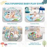 Baby Gym Play Mat, 8-in-1 Tummy Time Mat & Ball Pit with 6 Toys