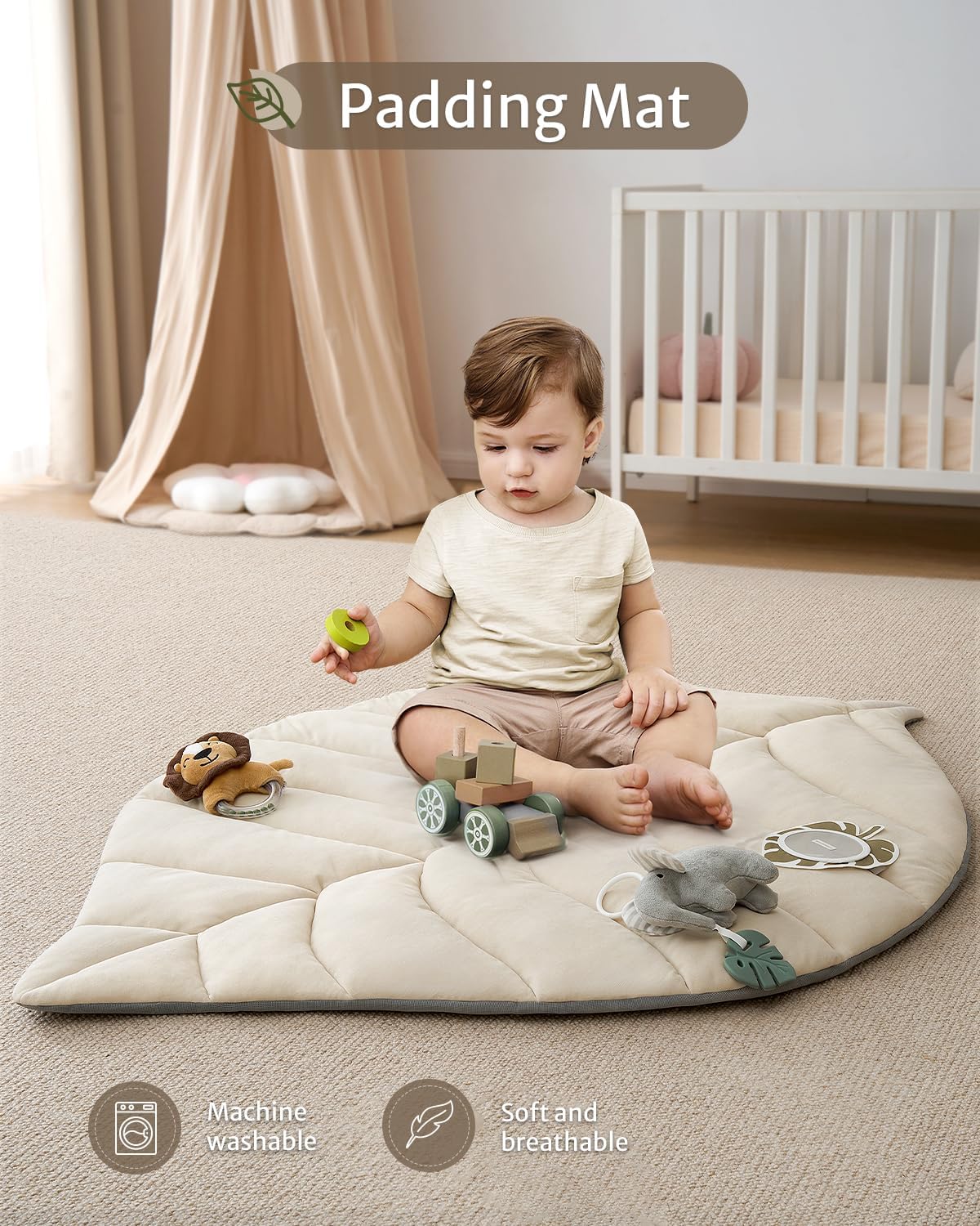 Blissful Diary Baby Play Gym & Activity Mat, Leaf Shaped Baby Tummy Time Play Mat with 6 Detachable Toys, Promotes Motor Skills & Sensory Development, Oatmeal Beige