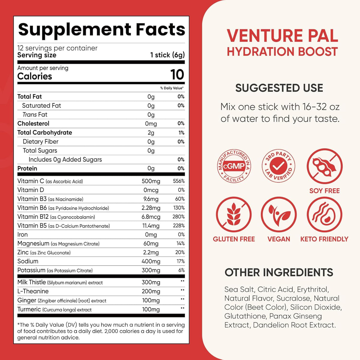 Venture Pal Hydration Packets + Liver Support- Liquid Daily IV Electrolyte Powder Packets with 7 Electrolytes & 5 Vitamins, Milk Thistle + L-Theanine | Sugar-Free | Keto Friendly | Vegan, 12 Sticks