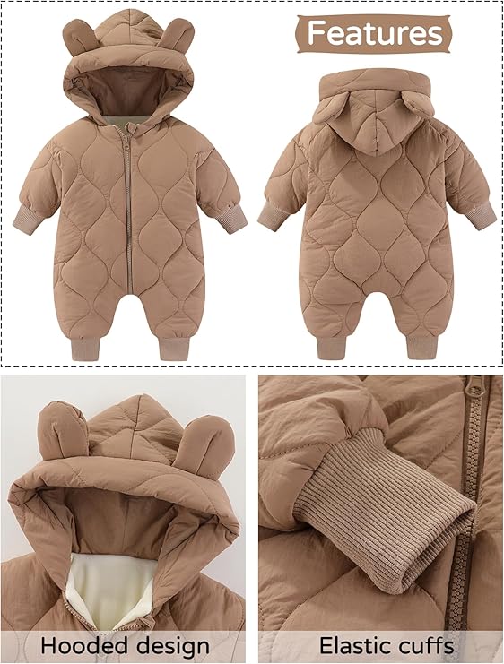 Baby Girls Boys Hooded Winter Snowsuit Warm Fleece Lined Romper Zipper Down Jumpsuit Padded Thick Puffer Clothes