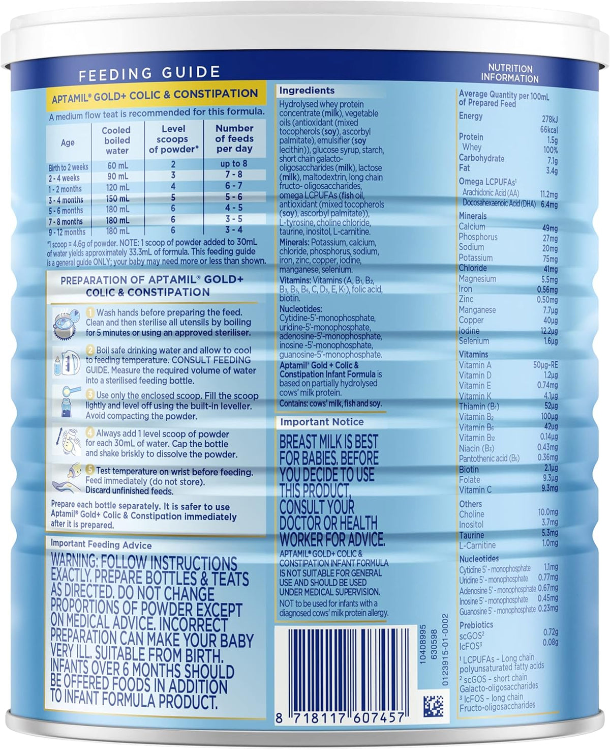 Aptamil Gold+ Colic and Constipation Baby Infant Formula, From Birth to 12 Months, 900g