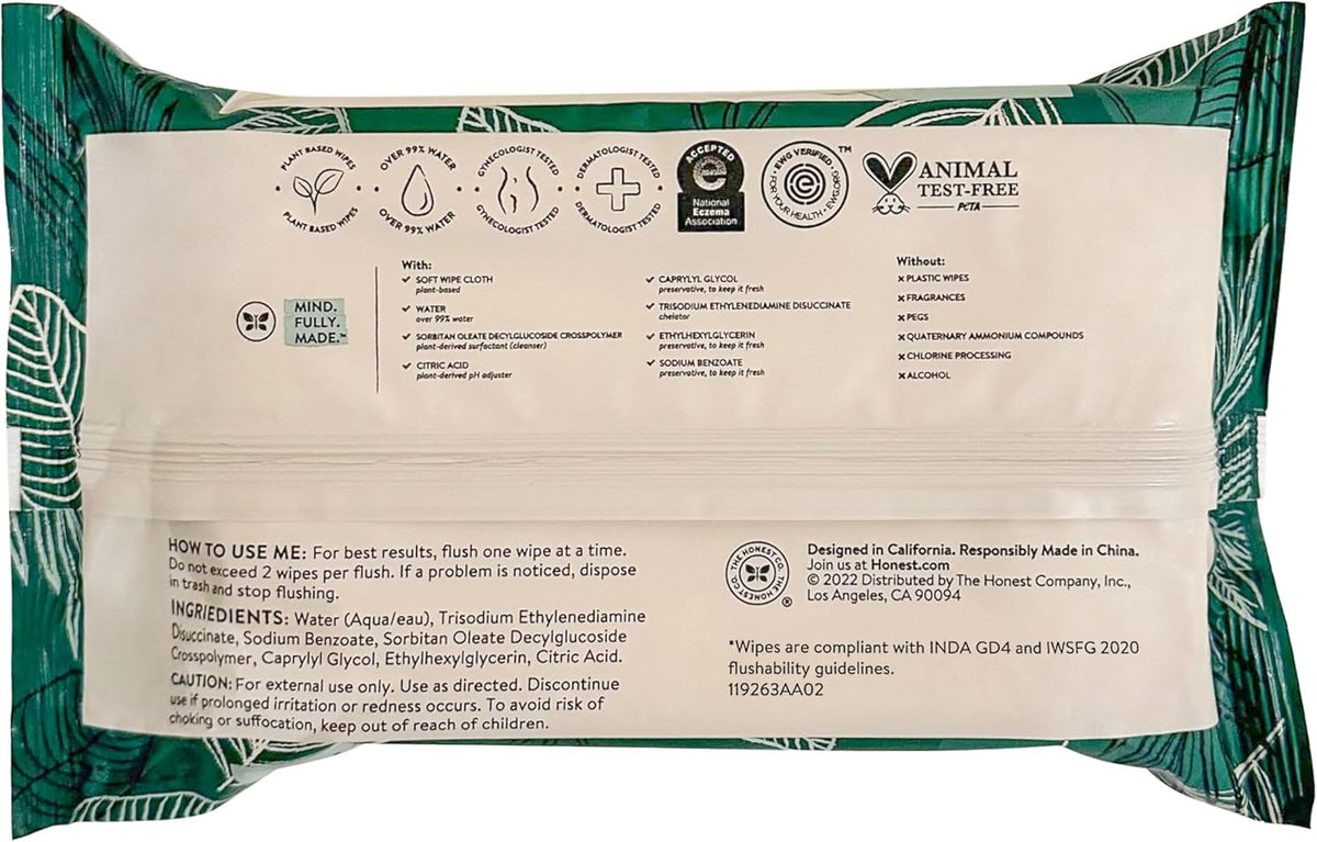 The Honest Company Flushable Wipes for Sensitive Skin | Fragrance Free, Hypoallergenic, 99% Water, Safe to Flush | Tropical Leaves, 336 Count