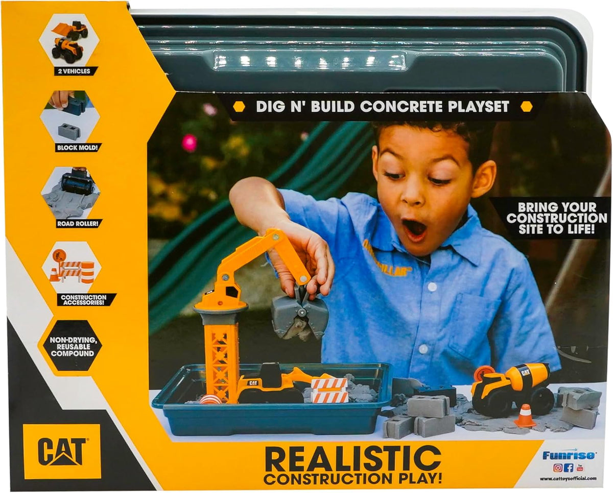 CAT Construction Toys, Dig N' Build Concrete Playset with 12 OZ of Compound - Storage Container