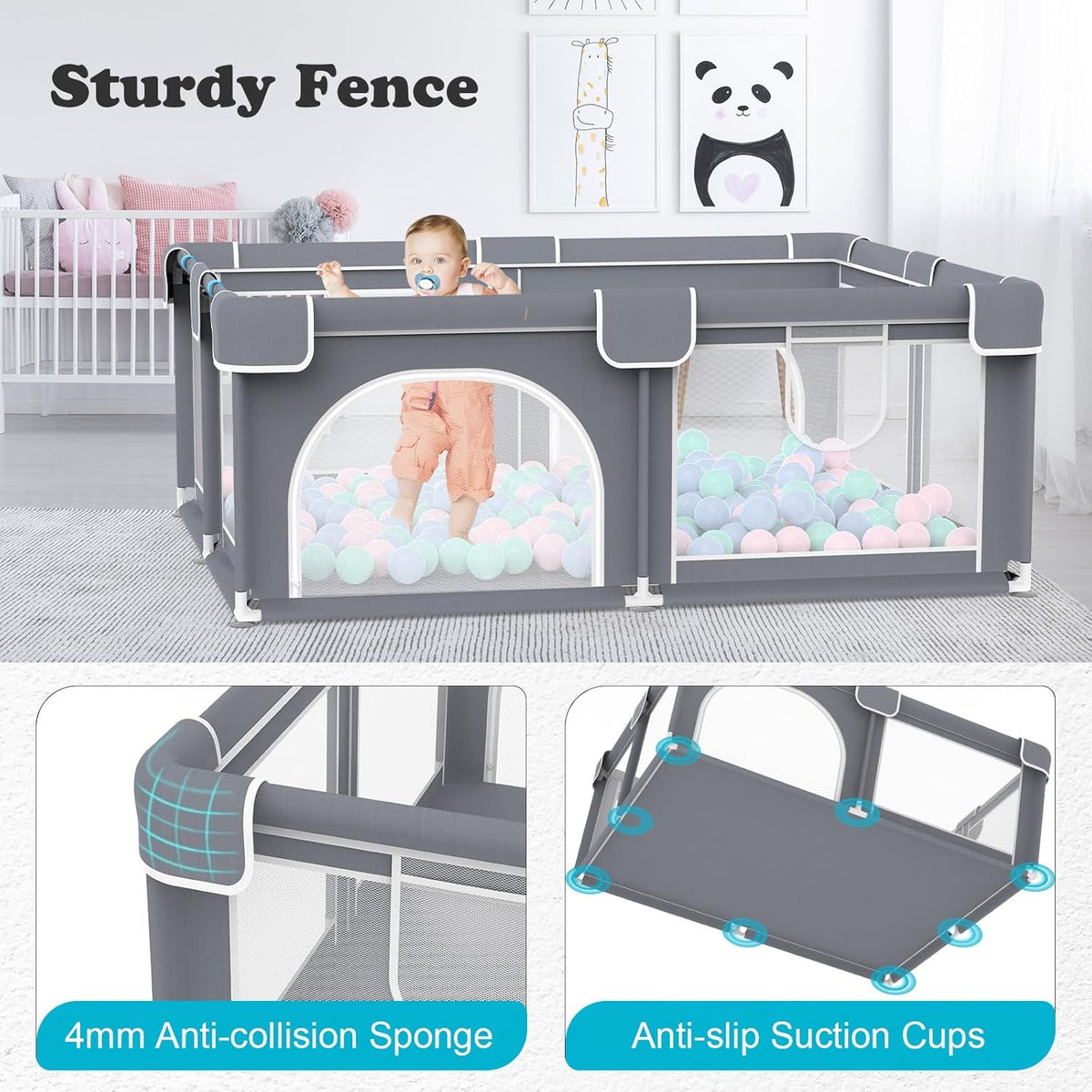 Advwin Baby Playpen 185 × 155cm (Gray)