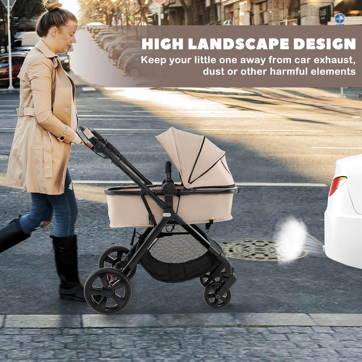 High Landscape Baby Stroller, 2 in 1 Convertible Baby Pram Jogger with Adjustable Canopy & Backrest