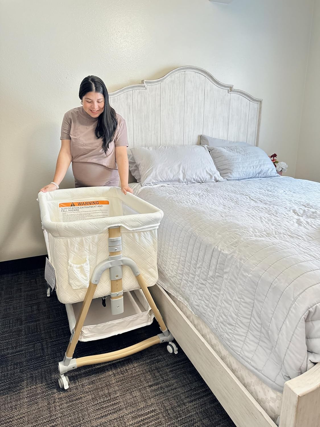 Cuddly Bassinet, 3 in 1 Baby Bassinet with Wheels, 5 Height Adjustable, Includes Mosquito Net, Mattress, Anchor Strap (White)