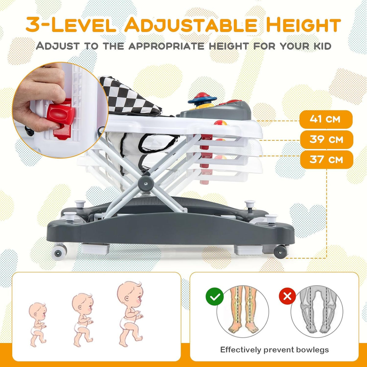 BABY JOY 6 in 1 Baby Walker, Anti-Rollover Toddler Walker & Activity Center w/Adjustable Height, Removable Music Tray & Padded Seat, Foldable Baby Standing Toys w/Wheels for 7-14 Months (Grey)
