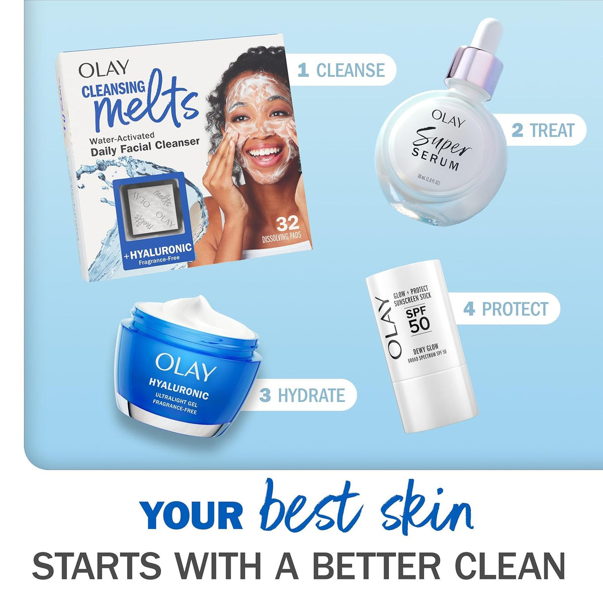 Olay Cleansing Melts + Hyaluronic Face Cleanser, 64 ct. total (2 x 32 ct.), Water-Activated Face Wash to Clean, Tone, and Refresh, Fragrance-Free