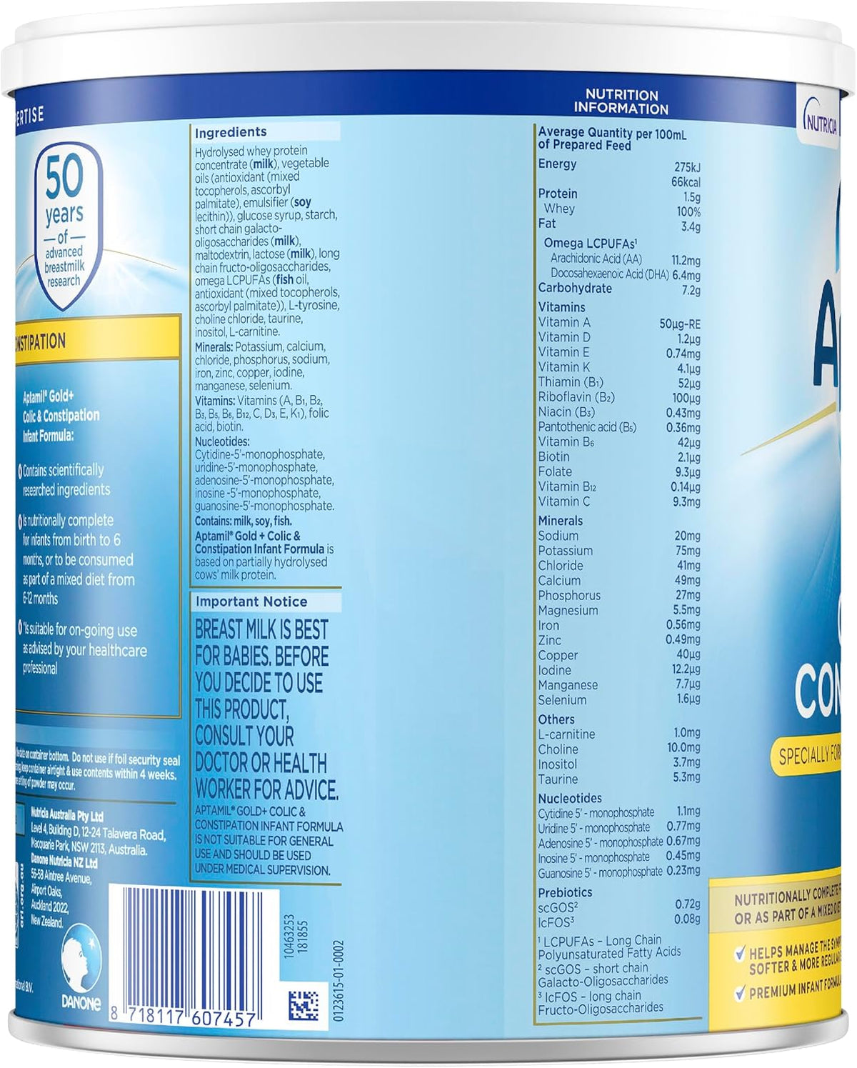 Aptamil Gold+ Colic and Constipation Baby Infant Formula, From Birth to 12 Months, 900g