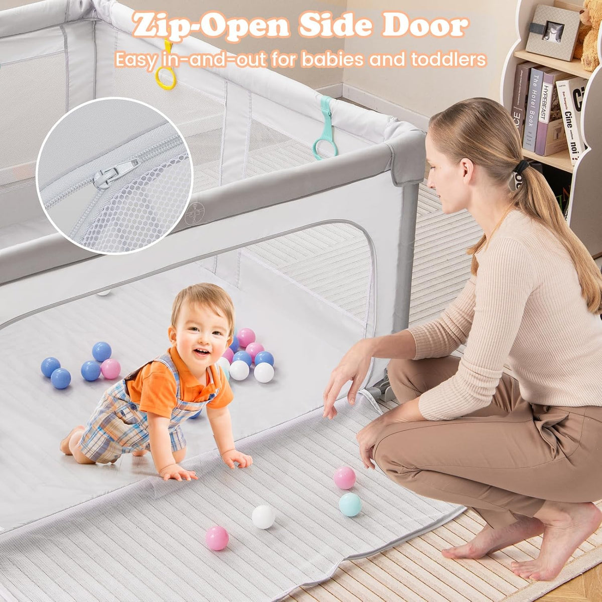 BABY JOY Baby Playpen 150 x 150 cm, BPA-Free Foldable Toddlers Safety Fence Play Yard with Zipper Gate, 50 Ocean Balls and 4 Pull-up Ring