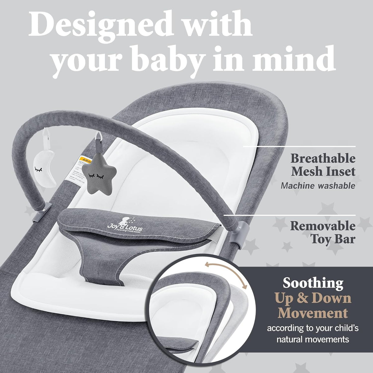 Baby Bouncer with Elegant Wood Accents, Bouncer Seat for Infants, Portable Infant Bouncer with Inner Mattress & Travel Bag