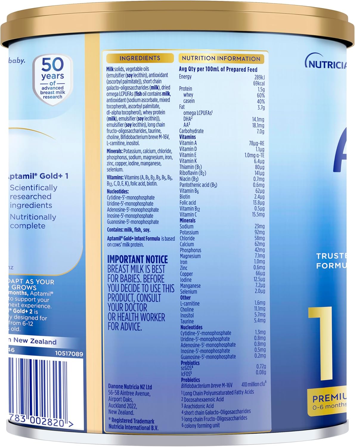 Aptamil Gold+ 1 Premium Nutritionally Complete Infant Formula,Birth to 6 Months, 900g
