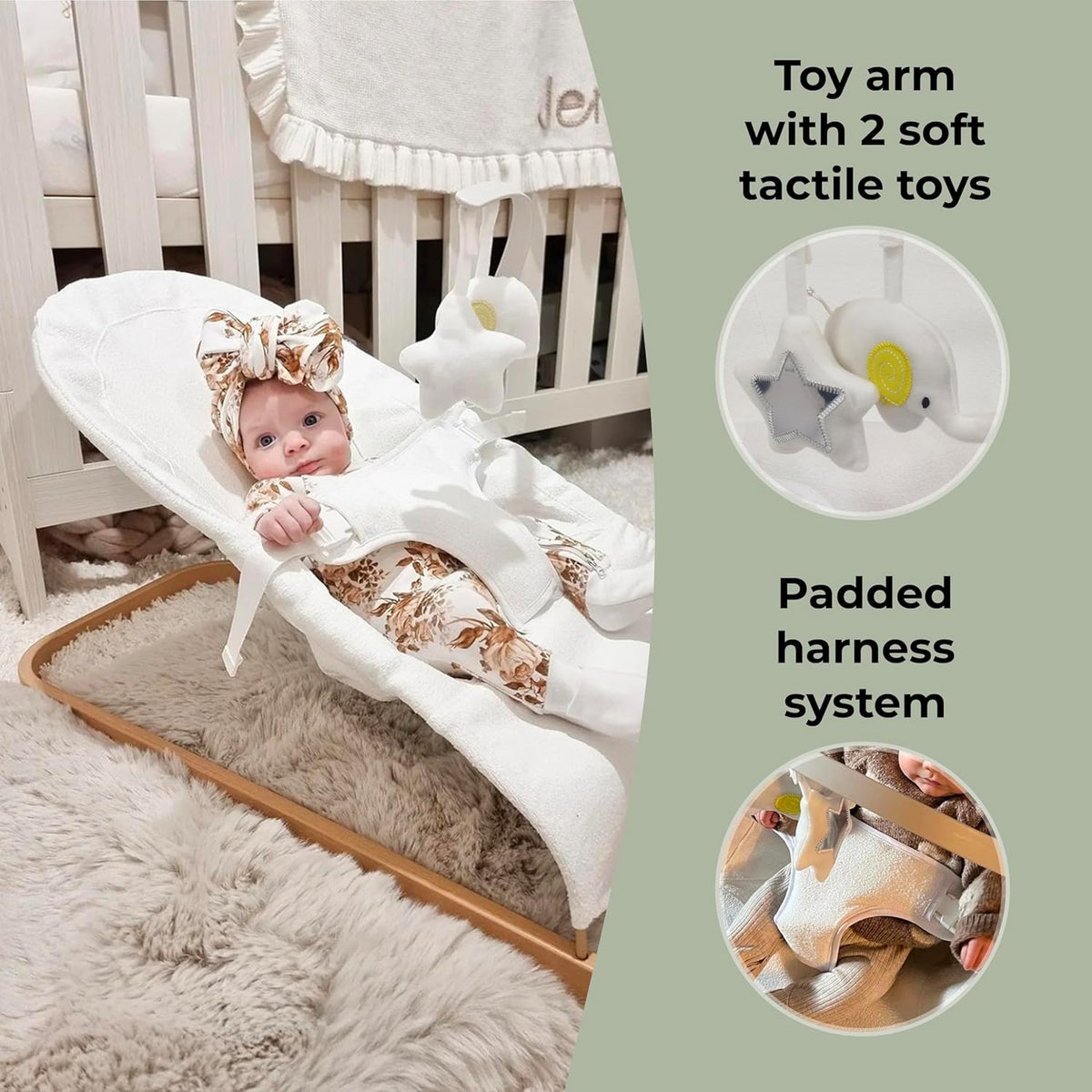 My Babiie Baby Bouncer with Toy Bar – Newborn Ergonomic Bouncer Chair, from Birth to 9 Months (9kg) - Cream